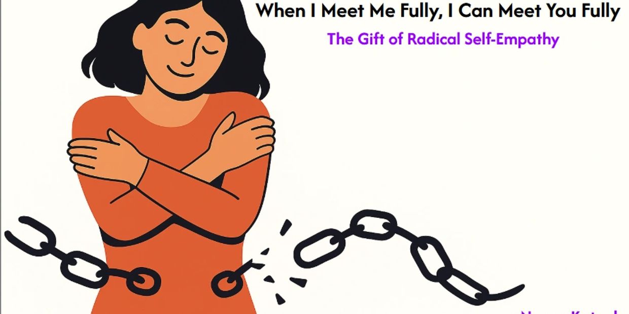 Illustration of a woman hugging herself with broken chains, symbolizing radical self-empathy.