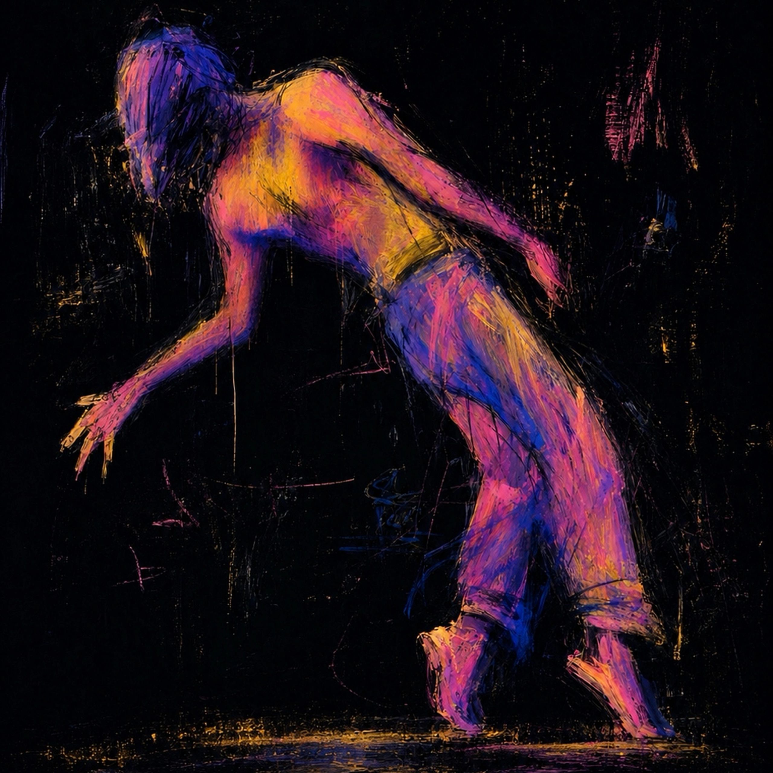 Colorful abstract painting of a human figure against a dark background.