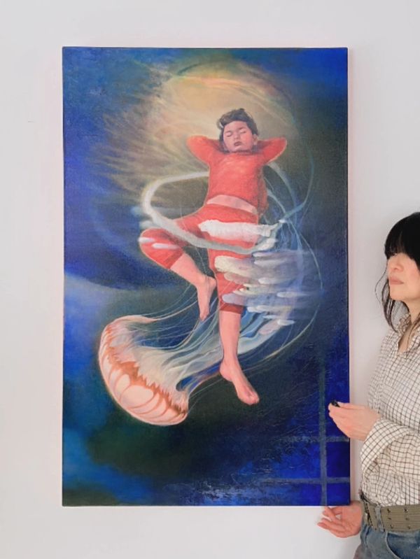 Oil painting, a boy with a jellyfish, titled "Escape" by Keiko M. H.