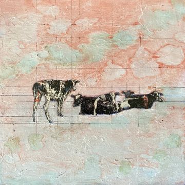 It is ink and wax on a wood panel, cows painting by Keiko M. H.