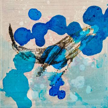 It is ink and wax on a wood panel, a whale painting by Keiko M. H.