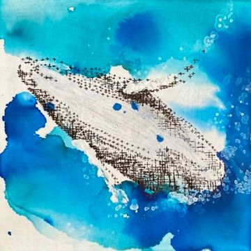 It is ink and wax on wood panel, a whale painting by Keiko M. H.