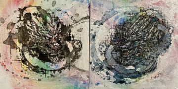 It is ink and wax on wood panel, with a dragon on each panel by Keiko M. H.