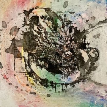It is ink and wax on wood panel, a dragon, by Keiko M. H.