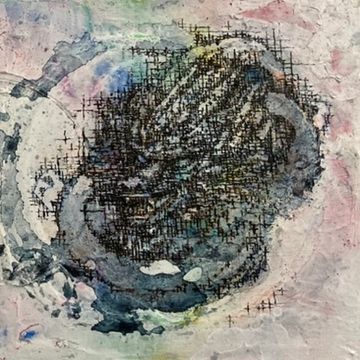 It is ink and wax on wood panel, a dragon, by Keiko M. H.
