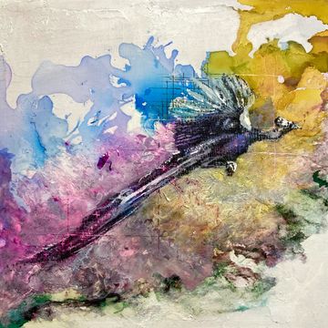 It is ink and wax on a wood panel, a peacock painting by Keiko M. H.