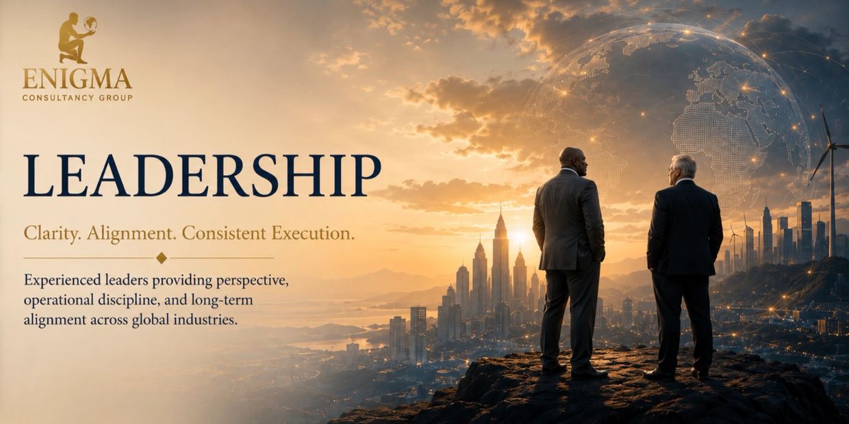 Two leaders overlooking a cityscape at sunset, symbolizing global leadership and vision.