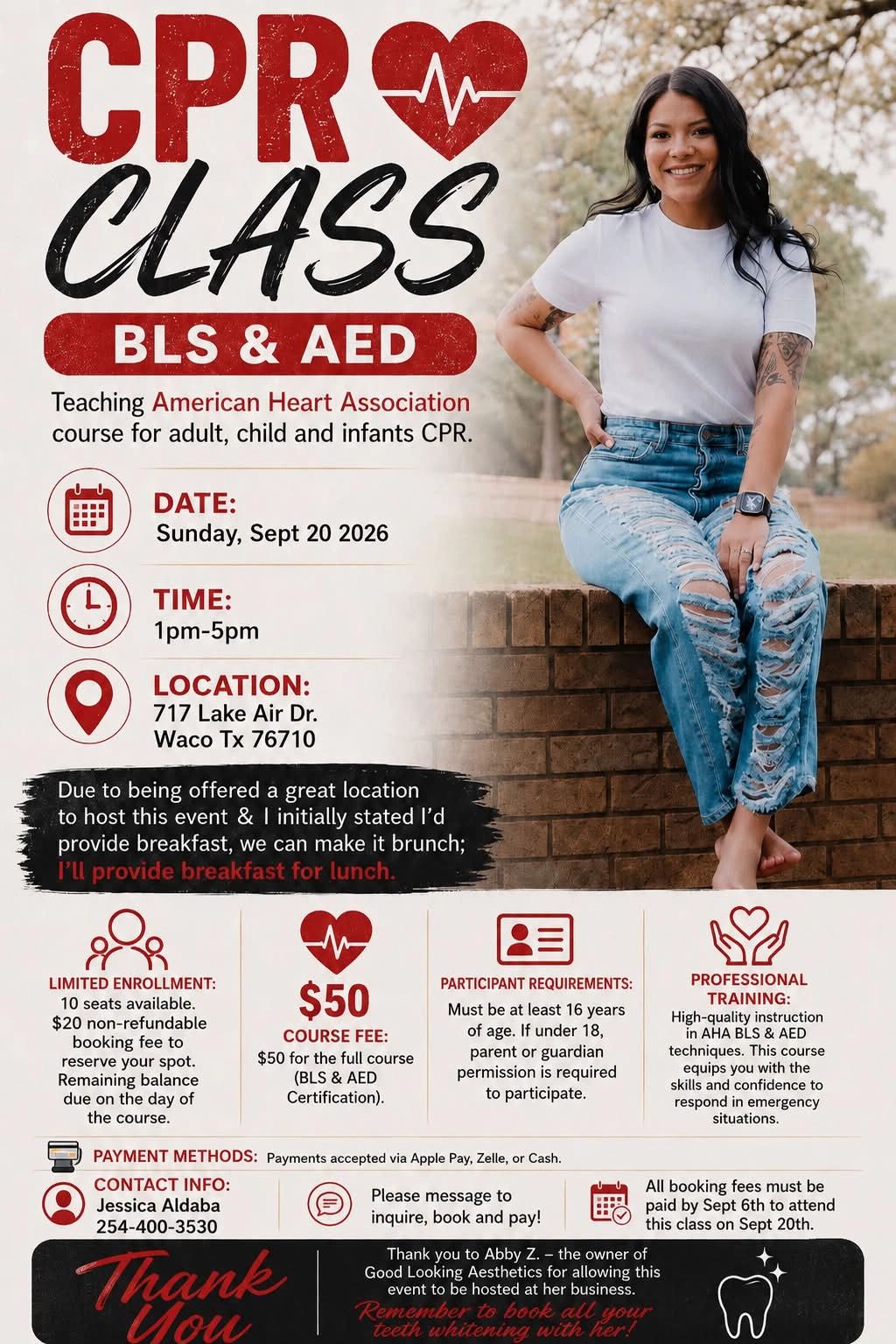 CPR class flyer with event details and a smiling woman sitting on a ledge.