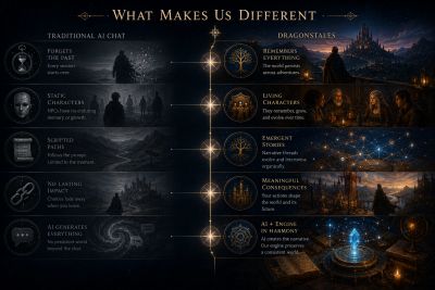 Comparison infographic between Traditional AI Chat and Dragonstales showing unique features.