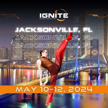 Graphic with a male dancer in a red ombre pantsuit in front of a photo of Jacksonville, FL 