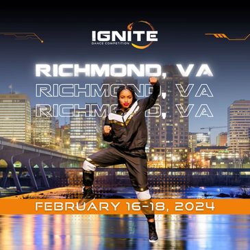 Hiphop dancer on a Richmond, Virginia skyline promoting the Feb. 16–18, 2024 dance competition event