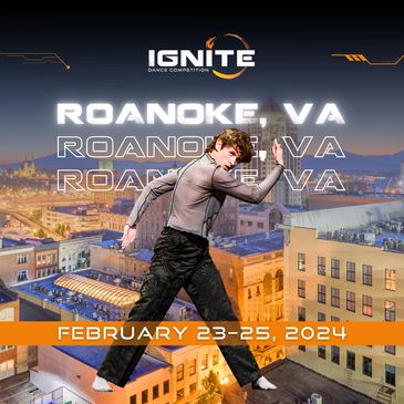 Contemporary dancer on a Roanoke, VA cityscape with dance competition event details for Feb. 23–25