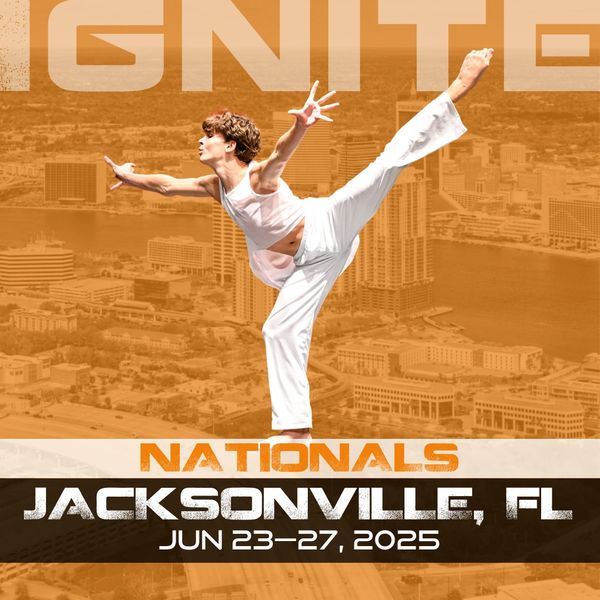 A dancer in a white costume with a leg up in front of Ignite's Nationals dates for 2025