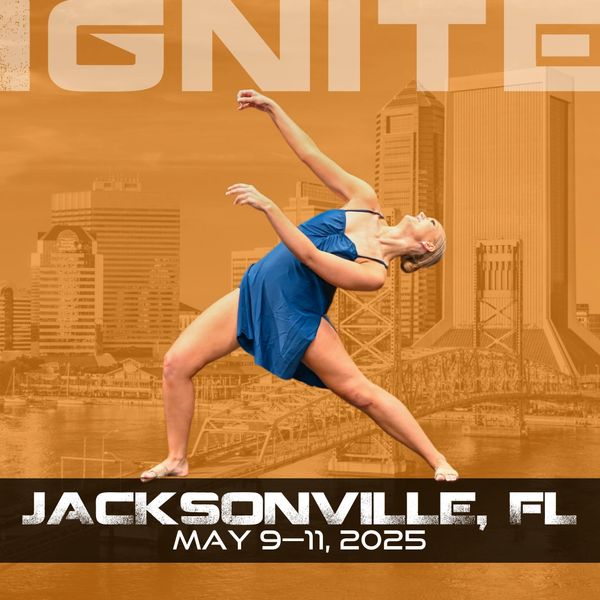 A contemporary dancer in a blue dress with Ignite's Jacksonville regional dates