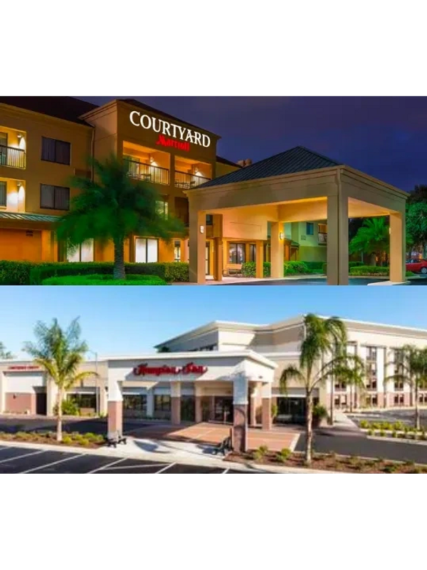 Images of the outside of 2 Florida Hotels: The Courtyard Speedway and The Hampton Inn 