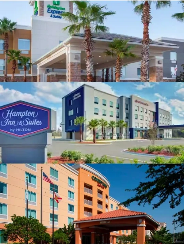 Graphic including photos of the outside of 3 Florida Hotels: Holiday Inn, Hampton Inn and Courtyard 