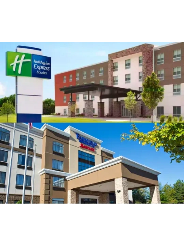 Images of the outside of 2 Georgia Hotels: The Holiday Inn Express and The Fairfield Inn