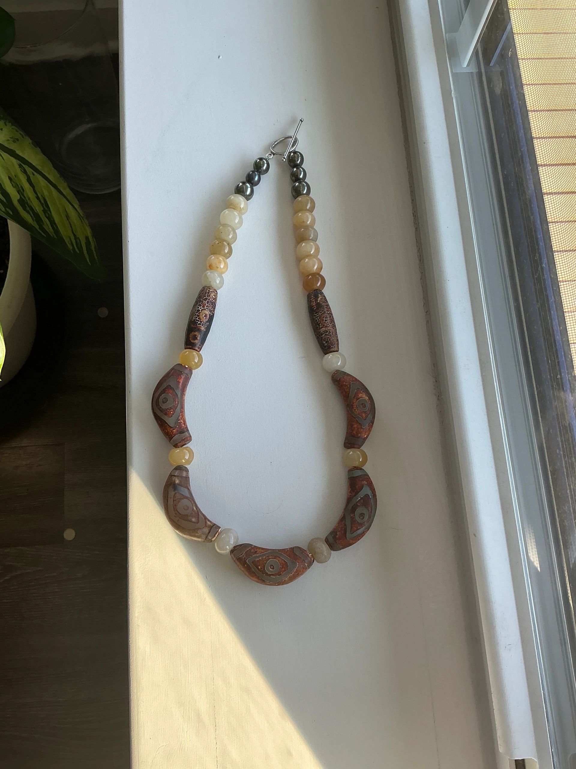 Tibetan Dzi Bead w/Yellow Jade & Pyrite Necklace