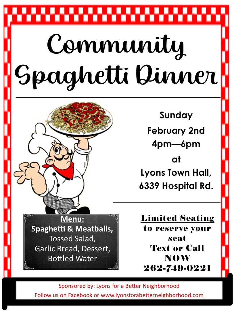 invitations and event information for community spaghetti dinner 

