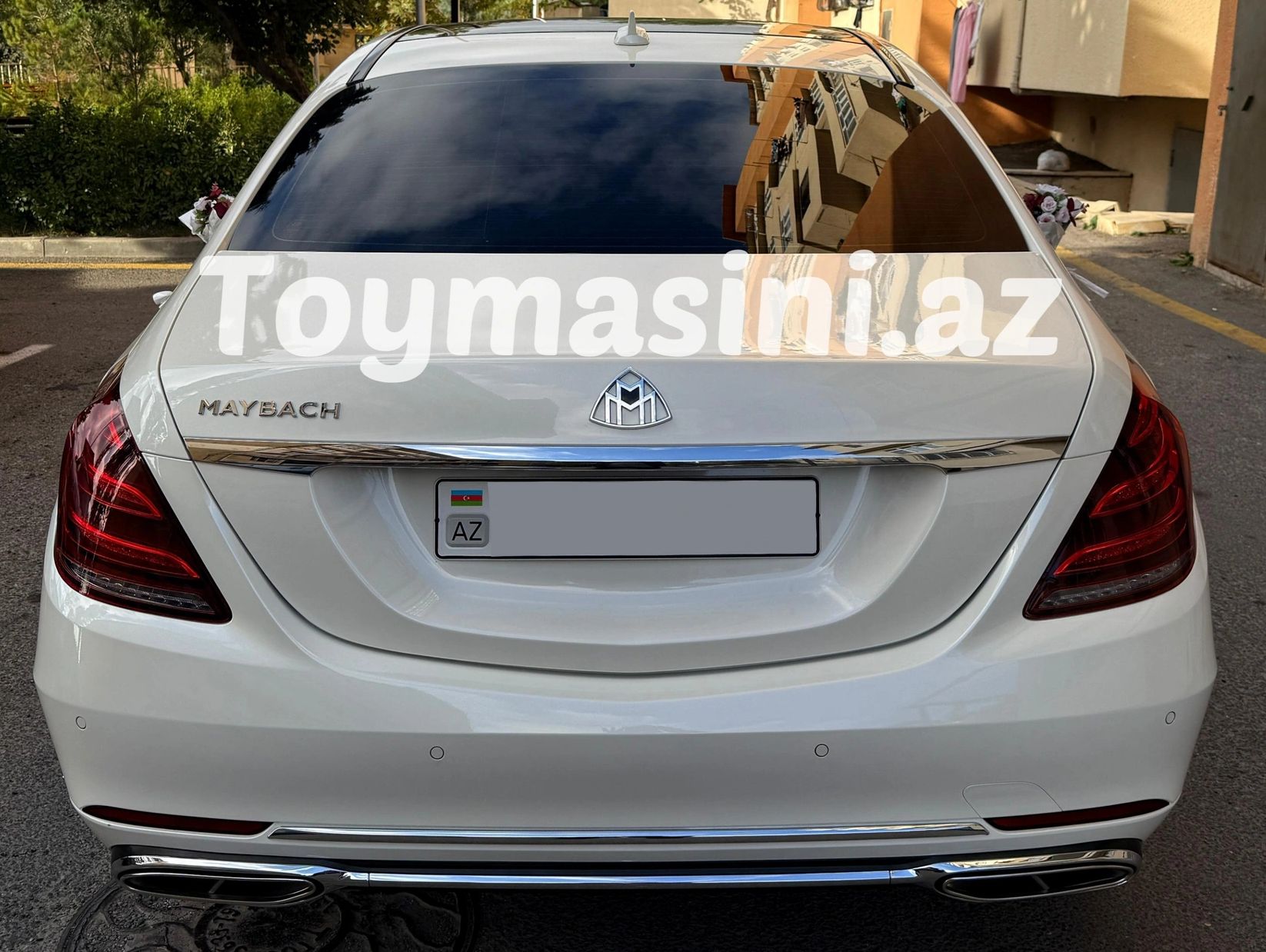 Rear view of a white Maybach luxury car with tinted windows and Azerbaijani license plate.
