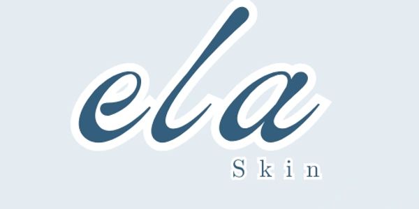 Logo with 'ela Skin' in elegant script and typewriter fonts on light background.