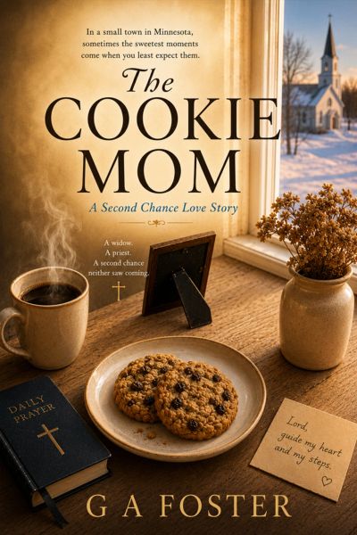 Cozy scene with cookies, coffee, and prayer book by a window showing a snowy church.