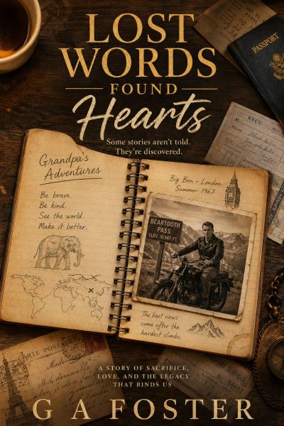 A vintage journal with travel notes and photos, titled Lost Words Found Hearts by G A Foster.