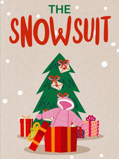 Illustration of a pink snowsuit in a gift box with Christmas tree and presents.