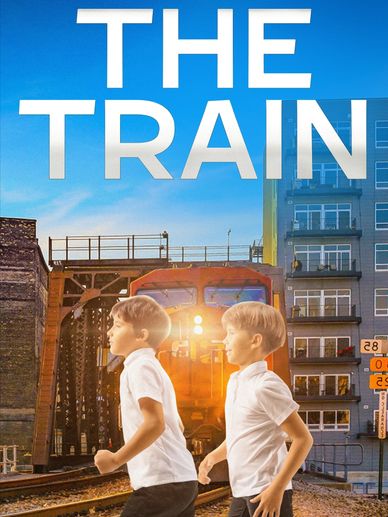 Two boys running near train tracks with a train approaching in the background.