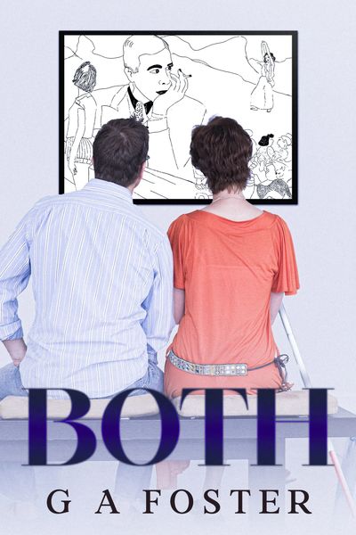 A man and woman sit together, viewing a black-and-white artwork on the wall.