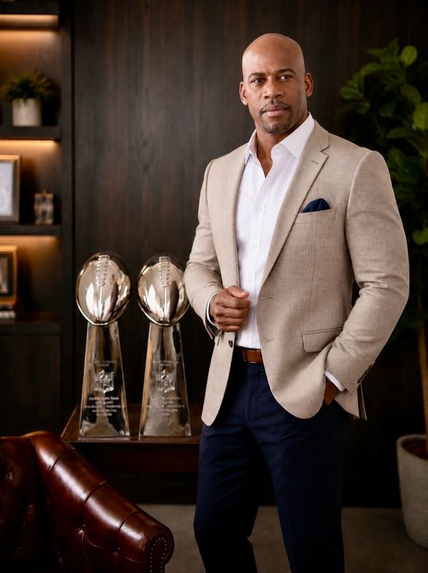Confident man in a beige blazer stands beside two NFL trophies in an elegant office.