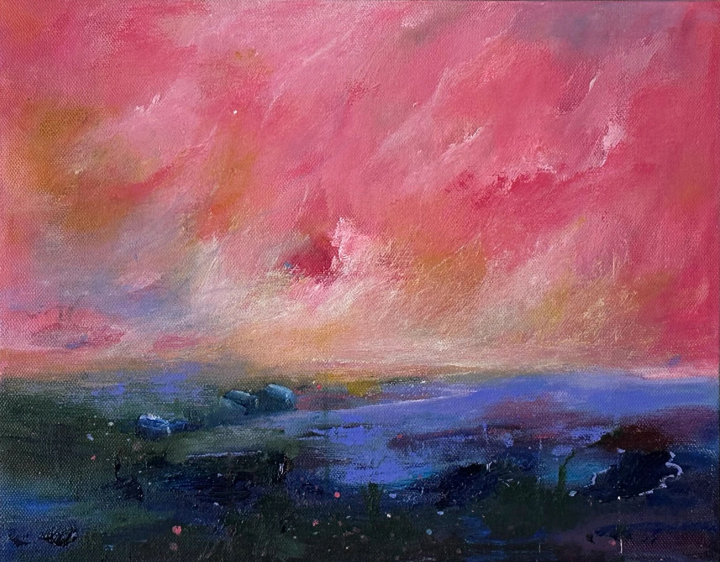Abstract painting with pink and blue hues.
