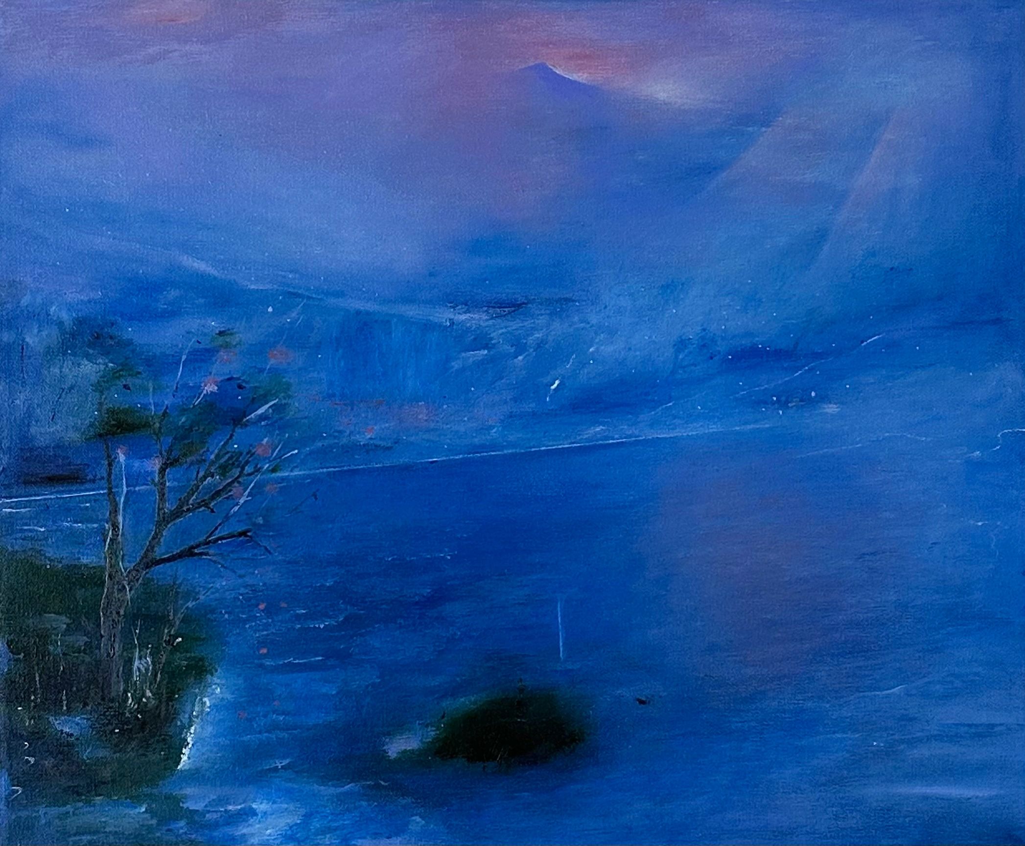 Serene blue landscape with a lone tree at dusk.