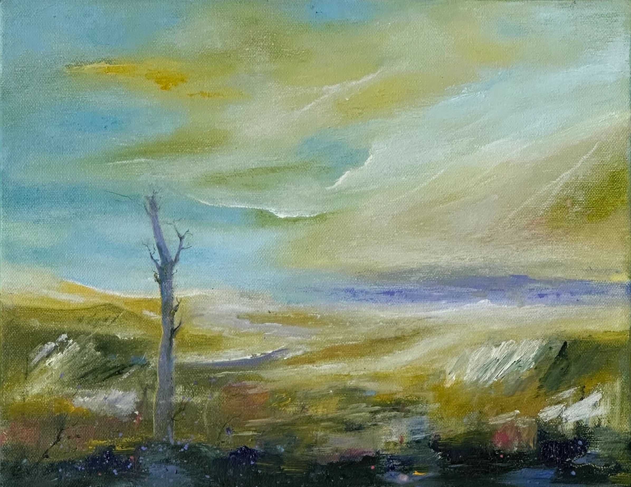 Painting of a barren tree under a cloudy sky.