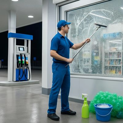 A worker cleaning a gas station window at night.
