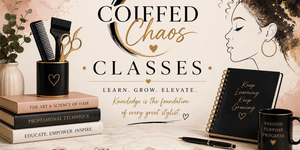 Class advertisement for hairstyling classes with elegant stationery and tools.