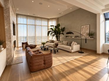 Modern living room with large windows and natural light.