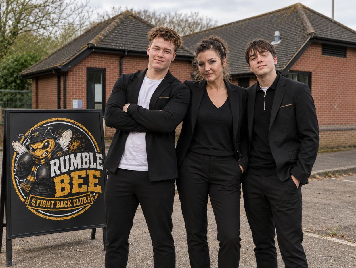 Three people in black suits standing next to a Rumble Bee Fight Back Club sign.