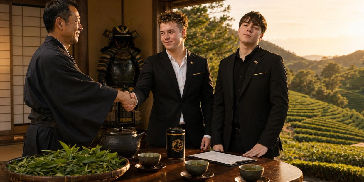 Two men in suits shaking hands with a man in traditional attire indoors.