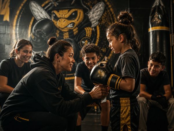 Coach encouraging young boxer in gym.