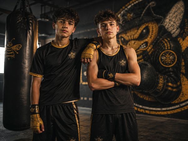 Two young male boxers in black and gold gear posing in a gym.