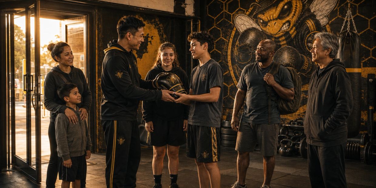 Boxing coach handing gloves to young boy with onlookers