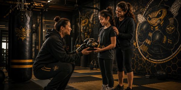 A woman teaches a girl boxing with another woman supporting.