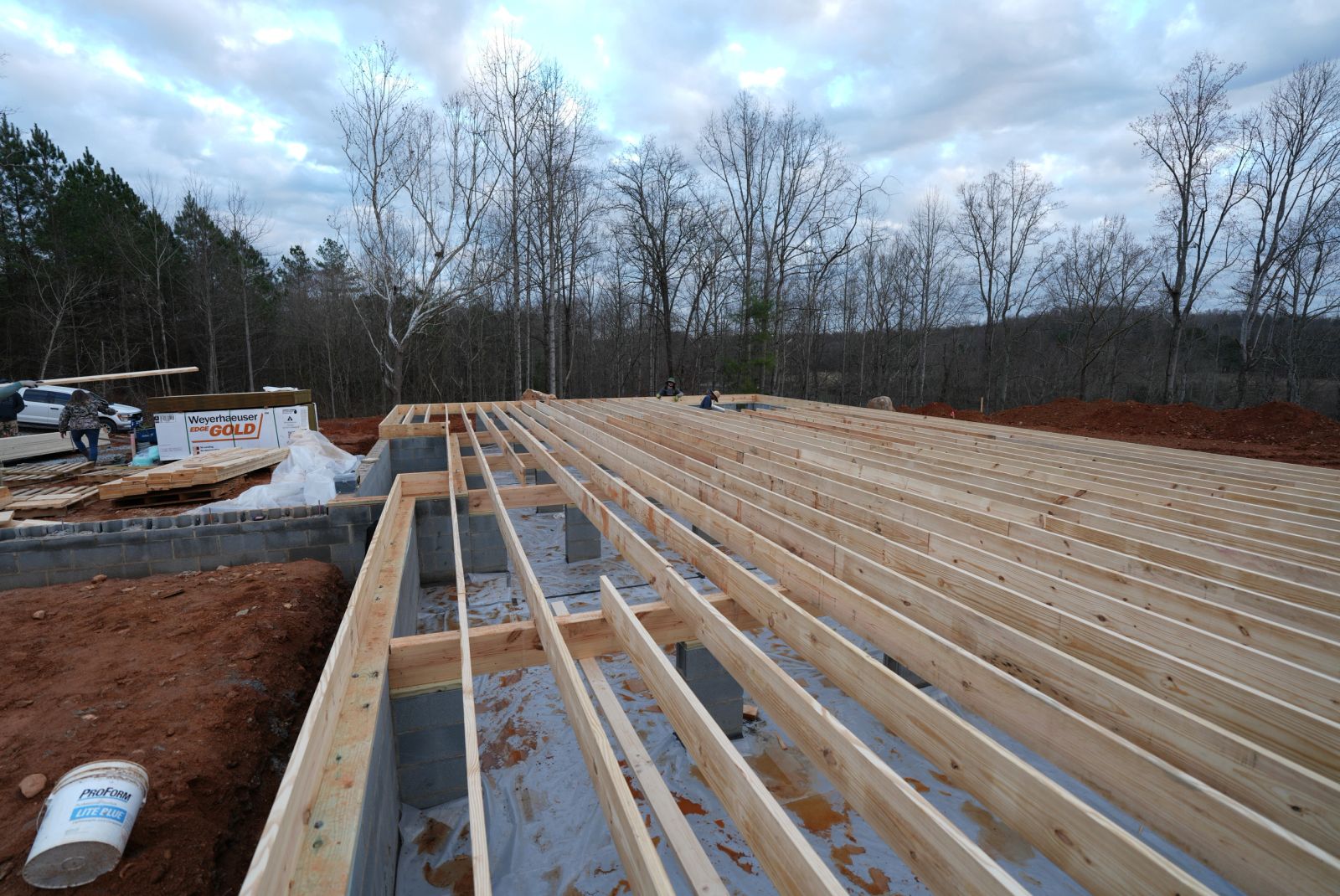 Floor joists set over the stepped block foundation, bare winter trees behind