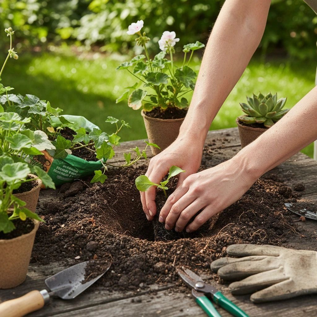 Hands planting a seedling in soil surrounded by gardening tools and potted plants.