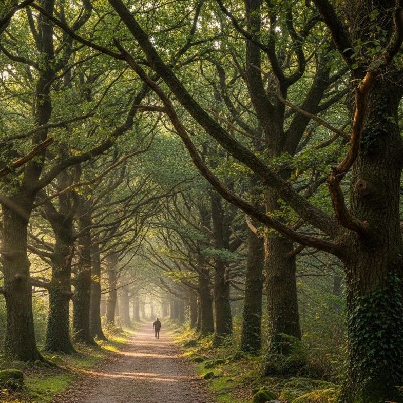 A person walking alone on a tree-lined forest path.