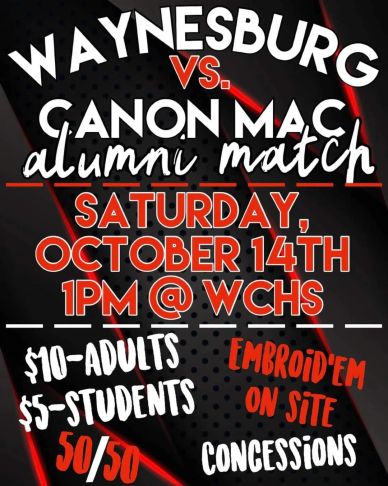 Announcement for Waynesburg vs. Canon MAC alumni match event.
