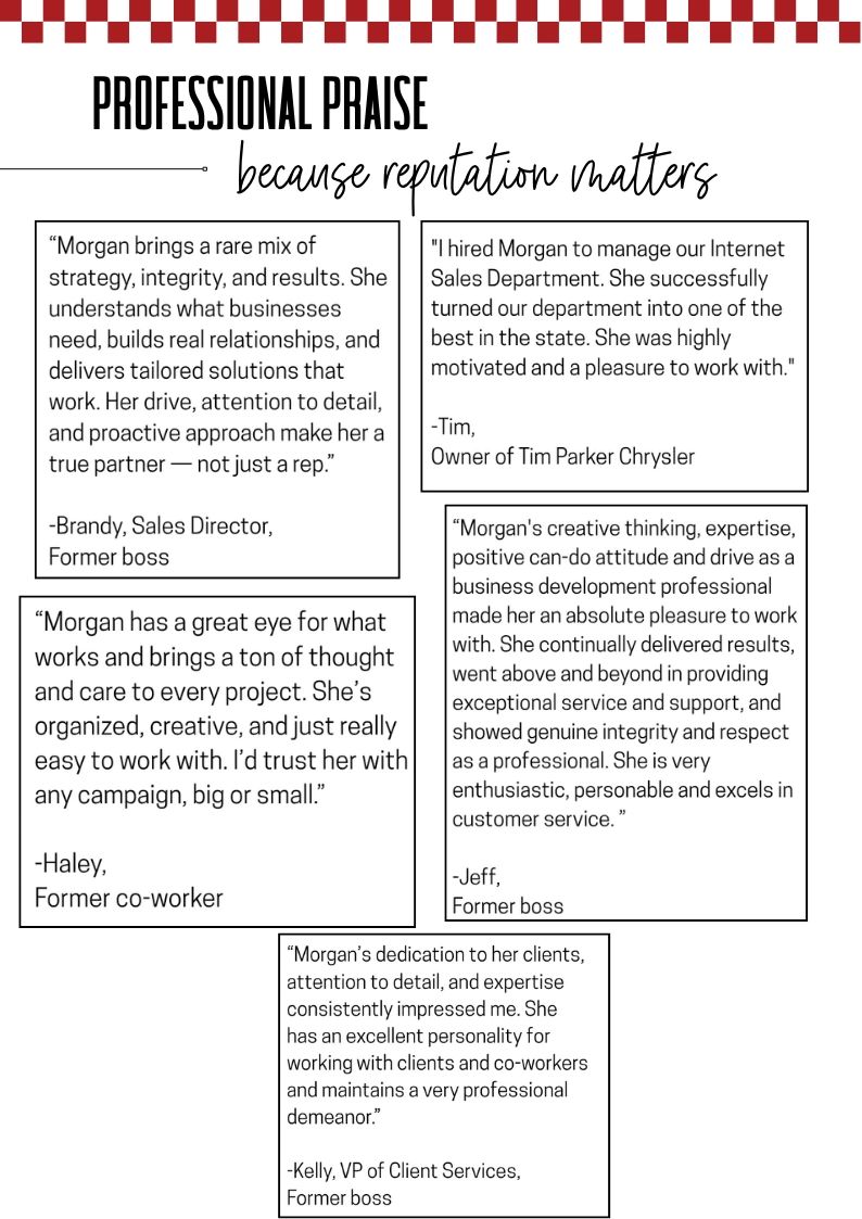 Graphic with client testimonials praising Morgan Griffith’s strategy, integrity, and results-driven 