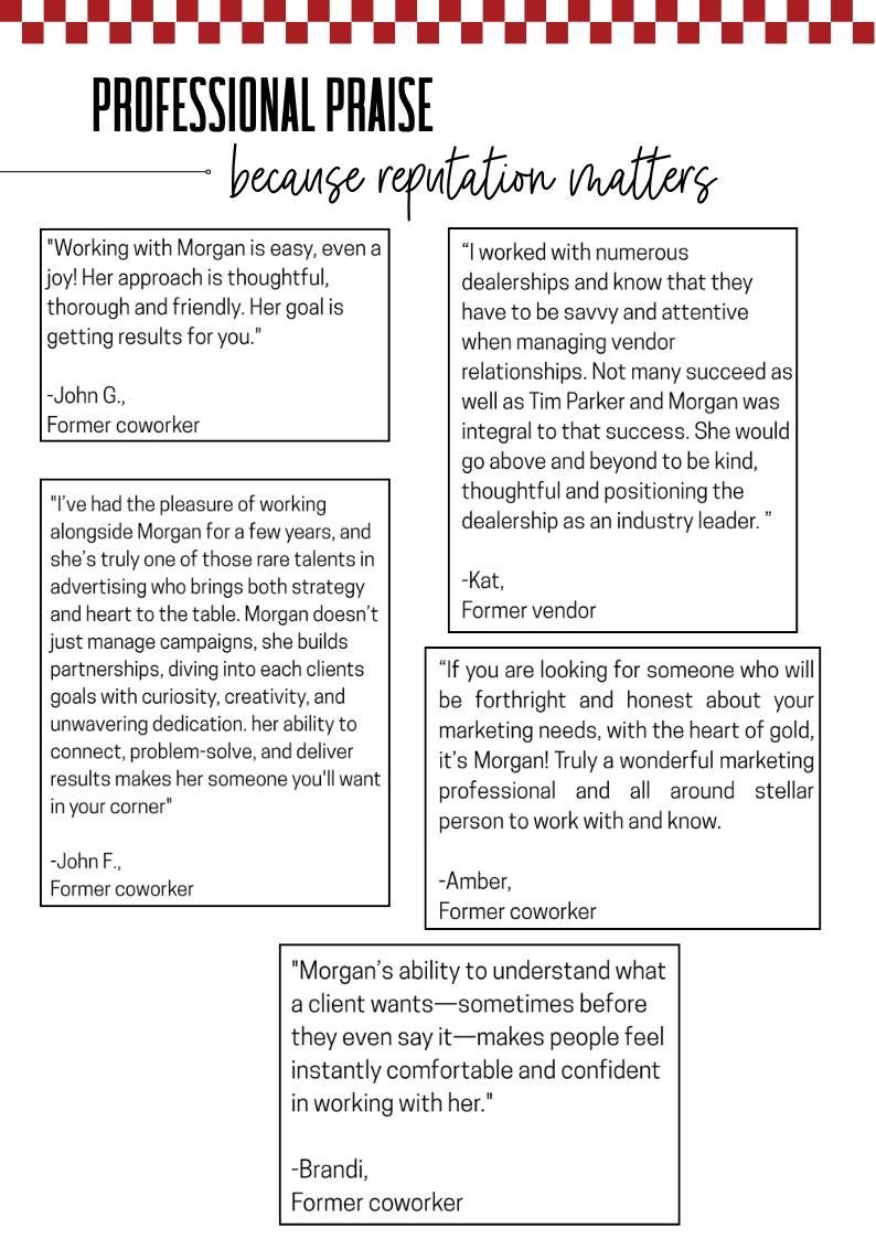 Testimonials highlighting Morgan Griffith’s honesty, creativity, and commitment to client success