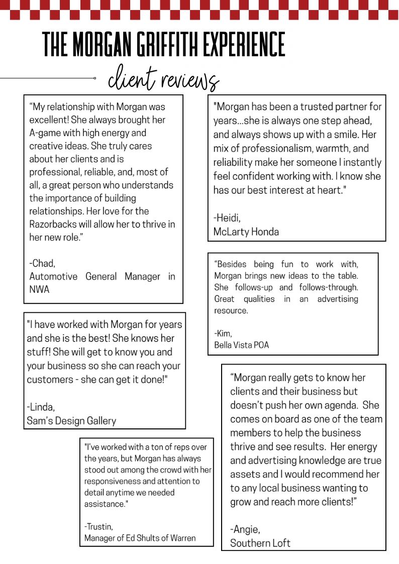 Client reviews praising Morgan Griffith’s energy, professionalism, creativity, and dedication to res